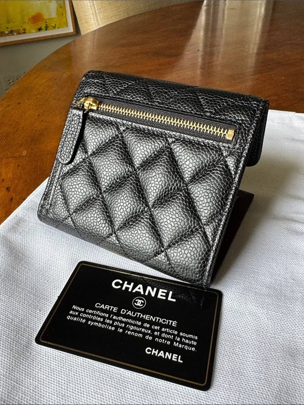 CHANEL Black Quilted Caviar Leather Wallet with Gold CC